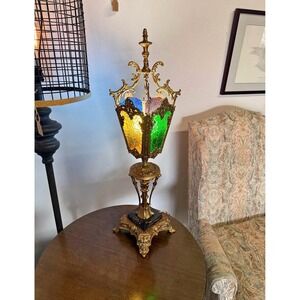 Antique Victorian Gothic Revival Stained Glass Torchiere Lantern Marble Rare